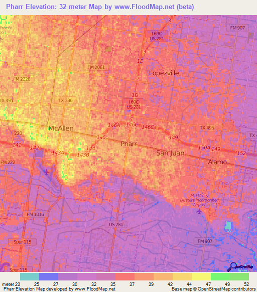 Pharr,US Elevation Map