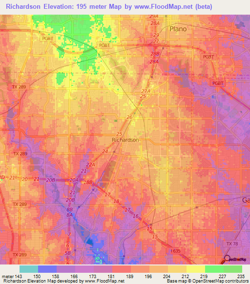 Richardson,US Elevation Map