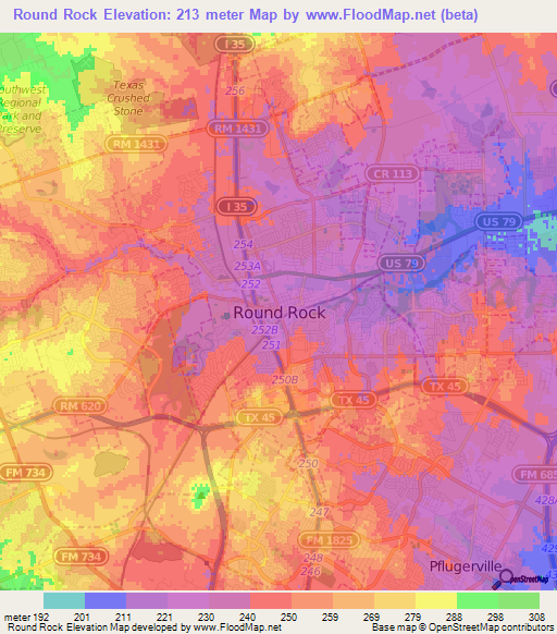 Round Rock,US Elevation Map