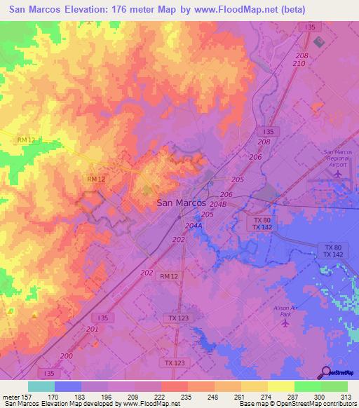 San Marcos,US Elevation Map