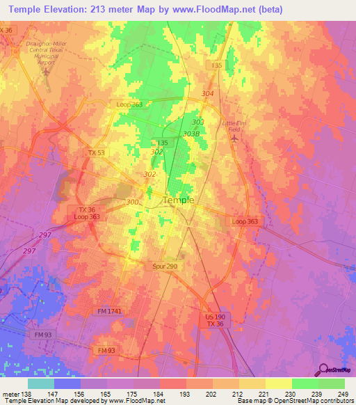 Temple,US Elevation Map