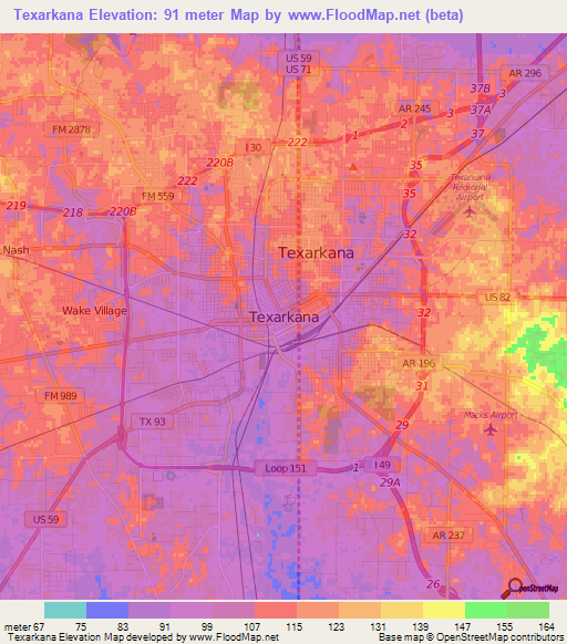 Texarkana,US Elevation Map