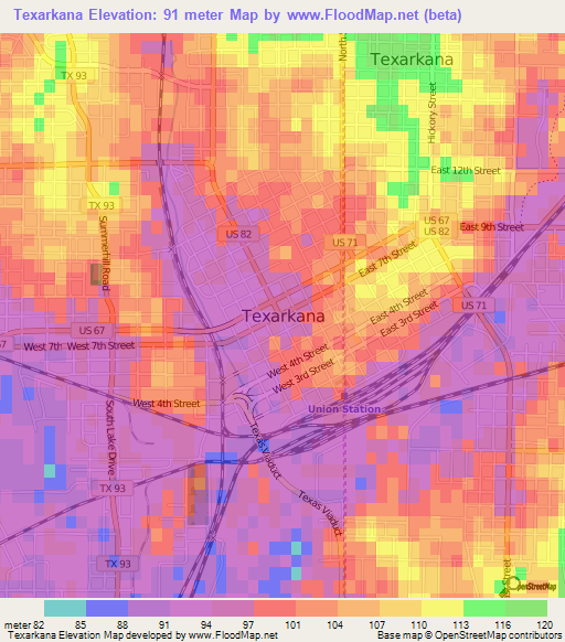 Texarkana,US Elevation Map