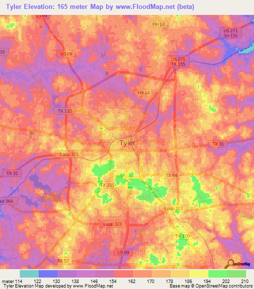 Tyler,US Elevation Map