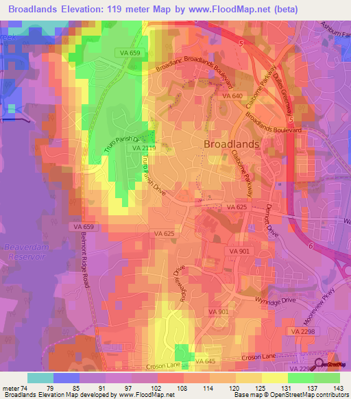 Broadlands,US Elevation Map