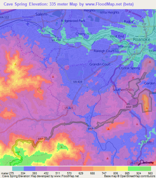 Cave Spring,US Elevation Map