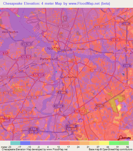 Chesapeake,US Elevation Map