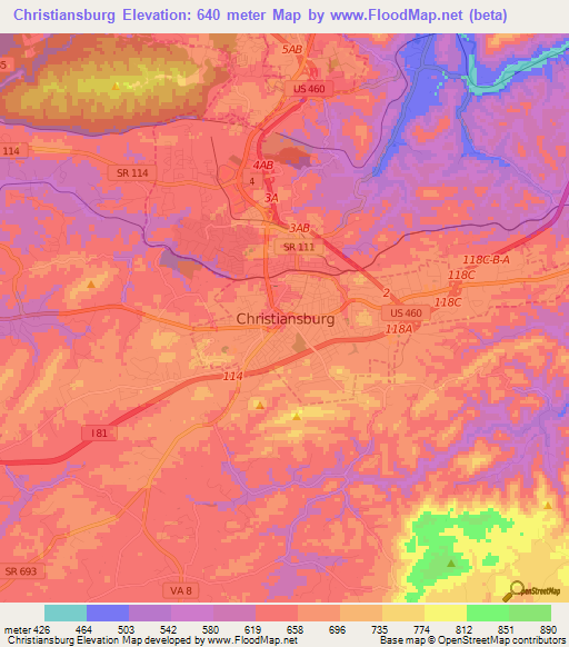 Christiansburg,US Elevation Map