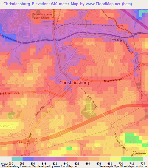 Christiansburg,US Elevation Map