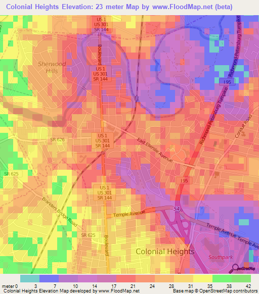 Colonial Heights,US Elevation Map