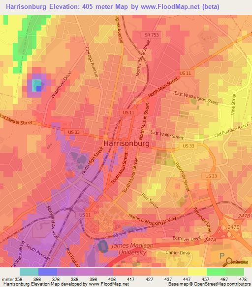 Harrisonburg,US Elevation Map