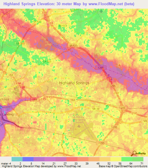 Highland Springs,US Elevation Map