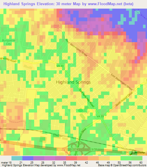 Highland Springs,US Elevation Map