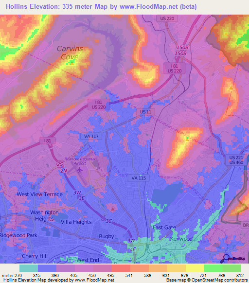 Hollins,US Elevation Map