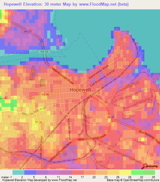 Hopewell,US Elevation Map