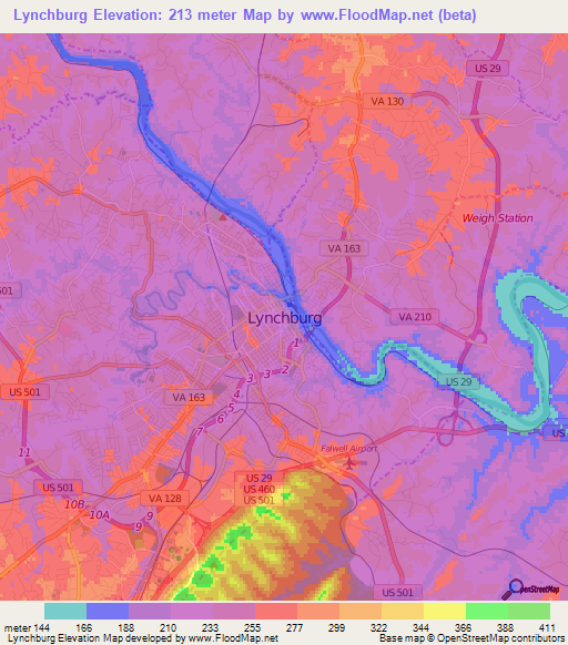 Lynchburg,US Elevation Map