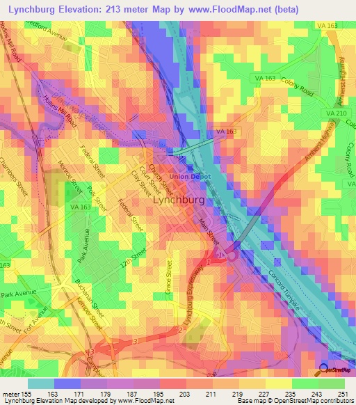 Lynchburg,US Elevation Map