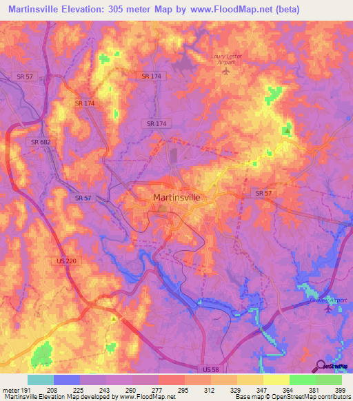 Martinsville,US Elevation Map