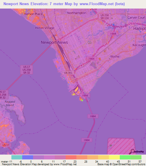 Newport News,US Elevation Map