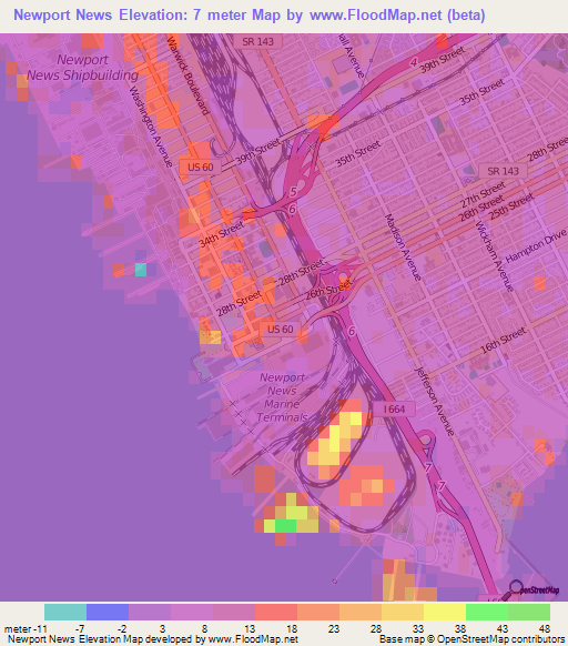 Newport News,US Elevation Map