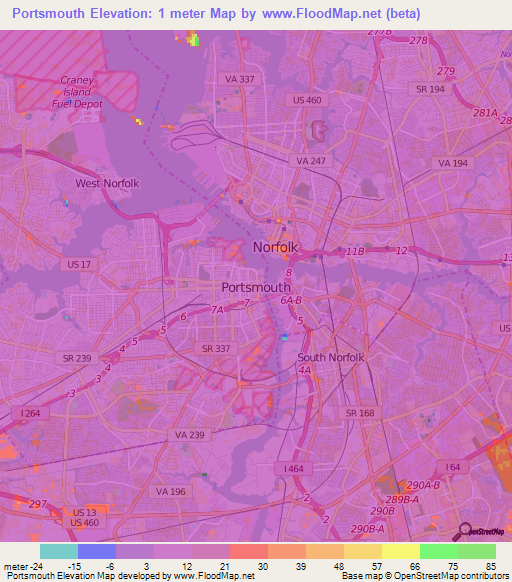 Portsmouth,US Elevation Map