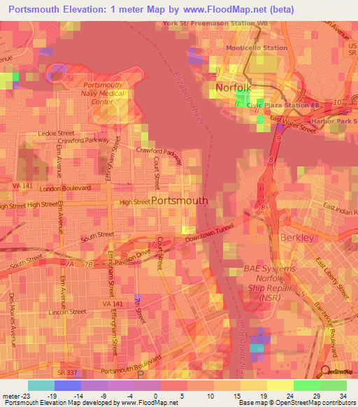 Portsmouth,US Elevation Map