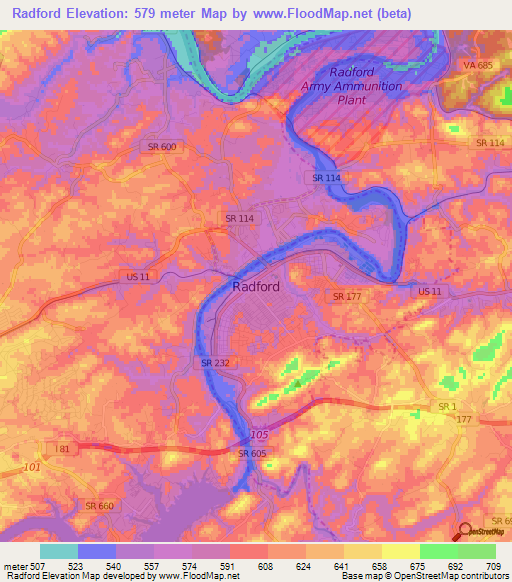 Radford,US Elevation Map