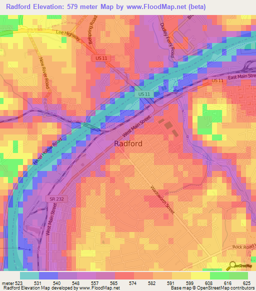 Radford,US Elevation Map