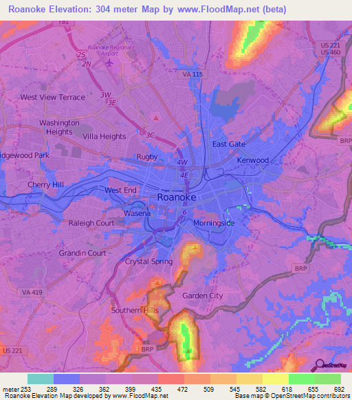 Roanoke,US Elevation Map