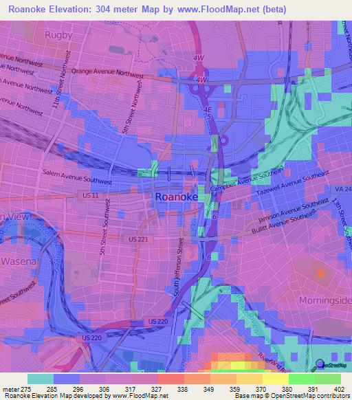 Roanoke,US Elevation Map