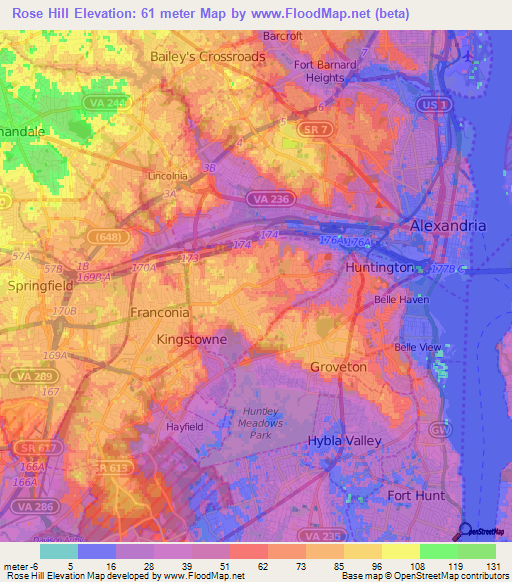 Rose Hill,US Elevation Map