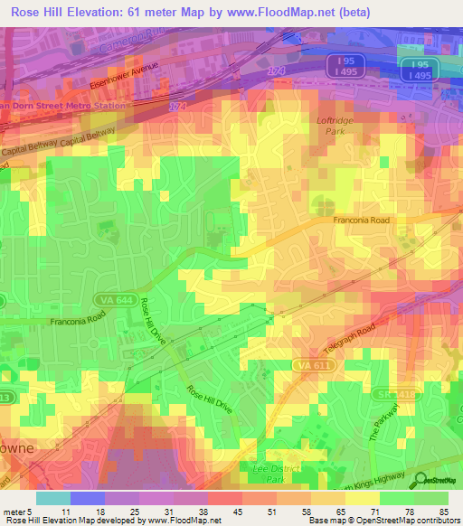 Rose Hill,US Elevation Map