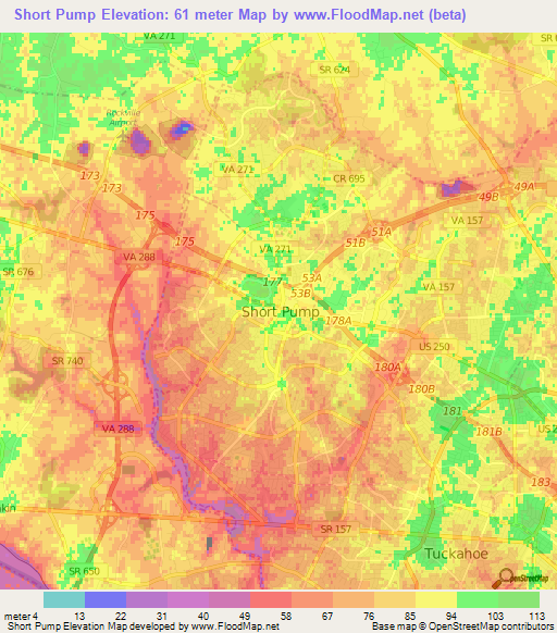 Short Pump,US Elevation Map