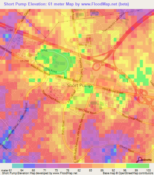 Short Pump,US Elevation Map