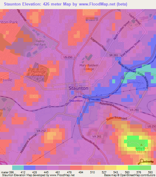 Staunton,US Elevation Map