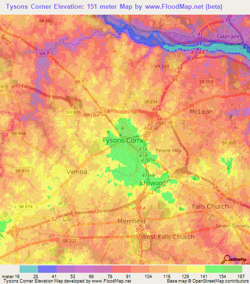 Tysons Corner,US Elevation Map