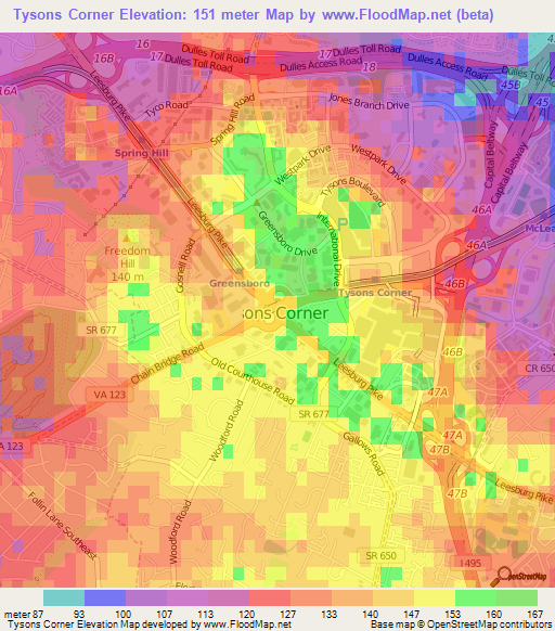 Tysons Corner,US Elevation Map