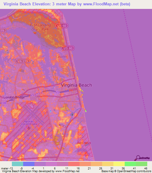 Virginia Beach,US Elevation Map