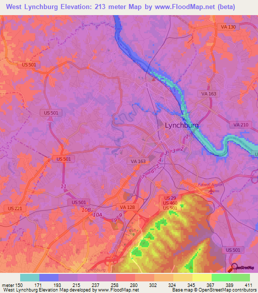 West Lynchburg,US Elevation Map