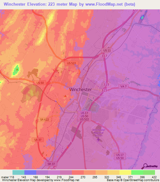 Winchester,US Elevation Map