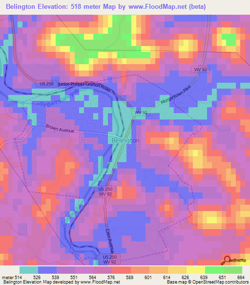 Belington,US Elevation Map