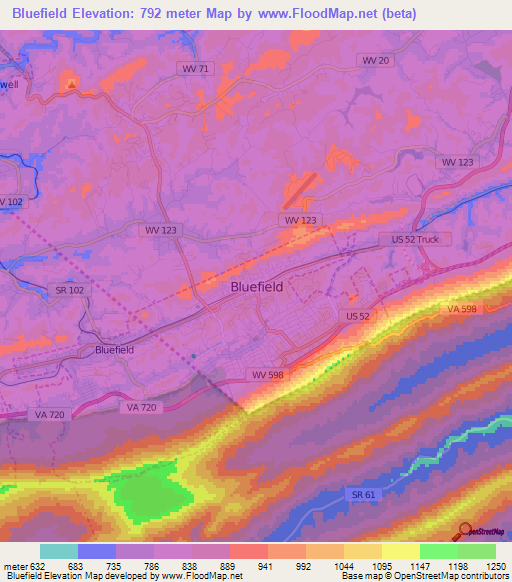 Bluefield,US Elevation Map