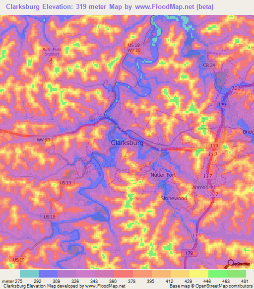 Clarksburg,US Elevation Map