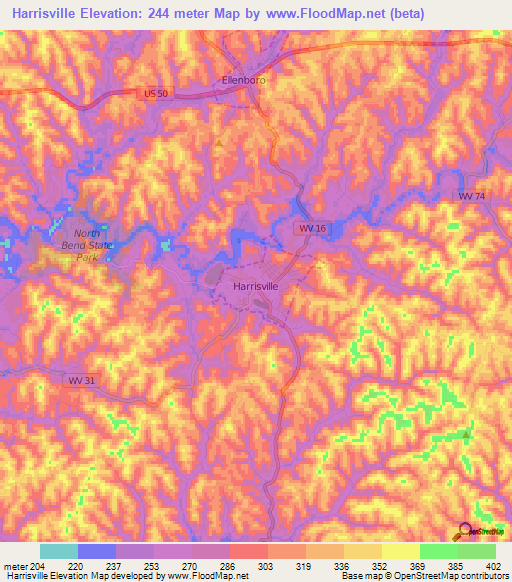 Harrisville,US Elevation Map