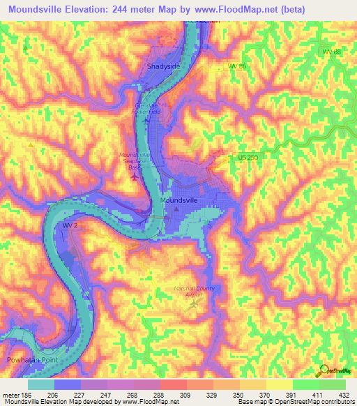 Moundsville,US Elevation Map