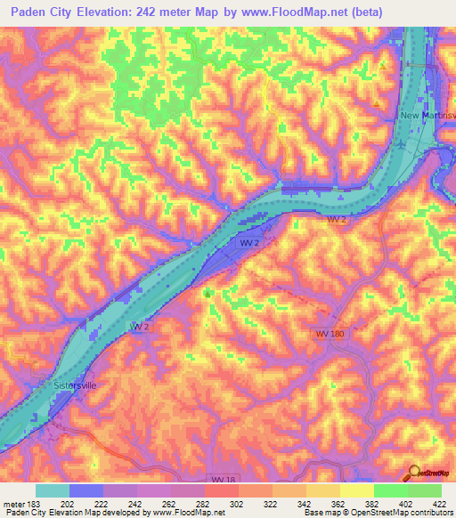 Paden City,US Elevation Map