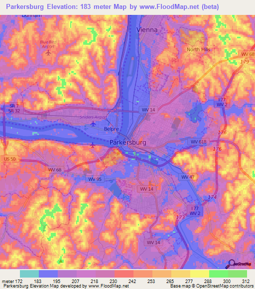 Parkersburg,US Elevation Map