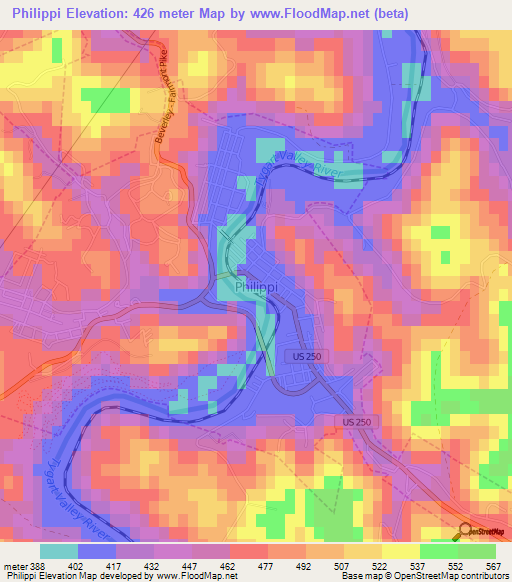 Philippi,US Elevation Map