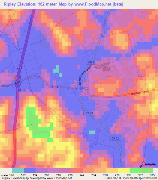 Ripley,US Elevation Map