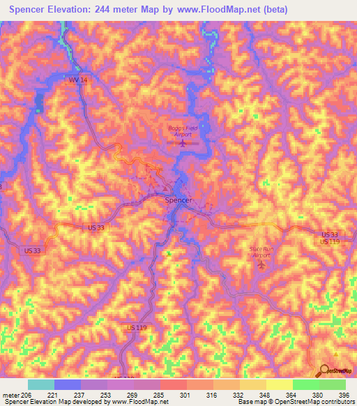 Spencer,US Elevation Map